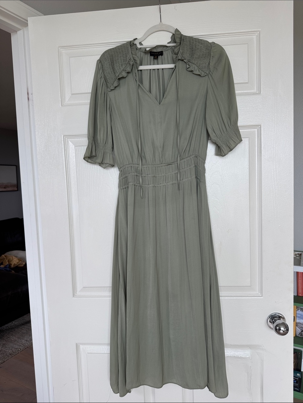 Current Air Sage Green Midi Dress with Smocked Waist